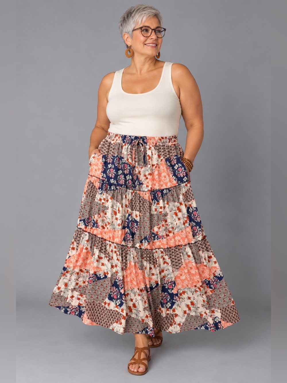 Boho Patchwork Floral Tiered Maxi Skirt XL Drawstring Prairie
